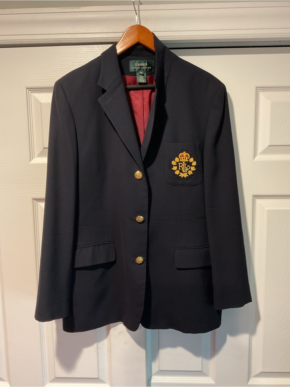 Ralph Lauren Vintage Wool Embroidered Crest Patch Black Suit Jacket Blazer Y2K